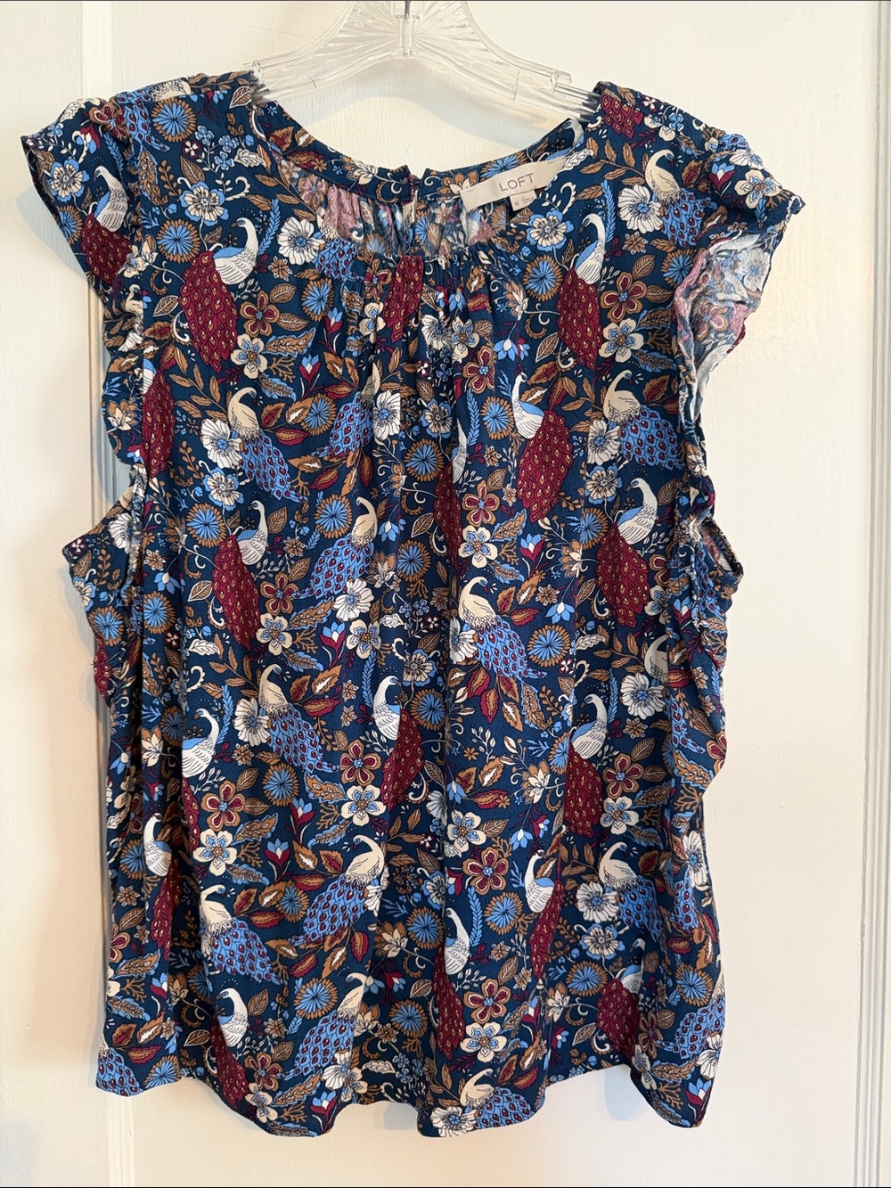 LOFT Peacock Print Blouse Top XL Navy Floral Ruffle Short Sleeve